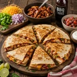 BBQ quesadillas served on a rustic wooden table with melted cheese and smoky barbecue chicken