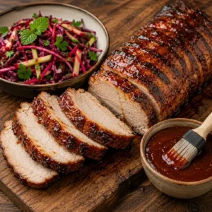 barbecued pork loin with grilled pork loin slices and apple beetroot salad on a rustic wooden table