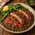 BBQ sausages with grilled sausages, green lentils, and rich salsa rossa served on a rustic wooden table