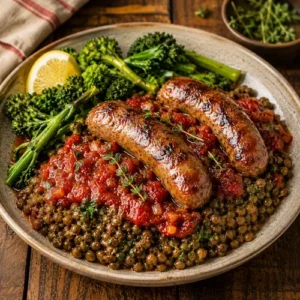 BBQ sausages with grilled sausages, green lentils, and rich salsa rossa served on a rustic wooden table