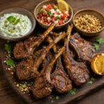 lamb lollipops served on a rustic wooden table with grilled lamb cutlets and fresh dips