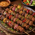 suya goat kebabs served on a rustic wooden table with grilled goat skewers and spicy peanut seasoning