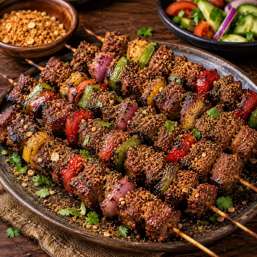 suya goat kebabs served on a rustic wooden table with grilled goat skewers and spicy peanut seasoning