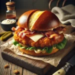 Bacon Swiss Crispy Chicken Sandwich on rustic wooden table
