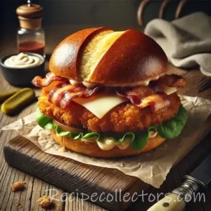 Bacon Swiss Crispy Chicken Sandwich on rustic wooden table