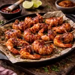 bacon wrapped shrimp on rustic wooden table