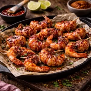 bacon wrapped shrimp on rustic wooden table