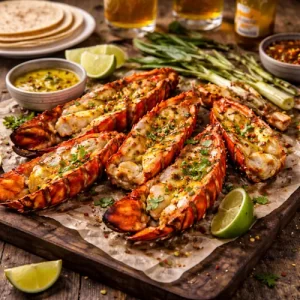 Baja Style Grilled Rock Lobster Tails on rustic wooden table