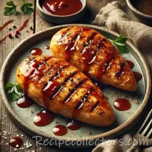 Barbecue chicken breasts on a rustic wooden table