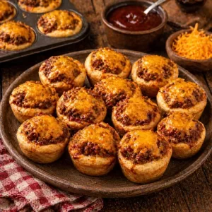 barbecue muffins baked in a muffin tin on a rustic wooden table with melted cheese