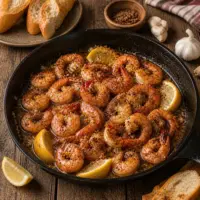 barbecue shrimp in buttery garlic sauce on a rustic wooden table