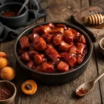 apricot barbecue hot dogs in sauce on a rustic wooden table