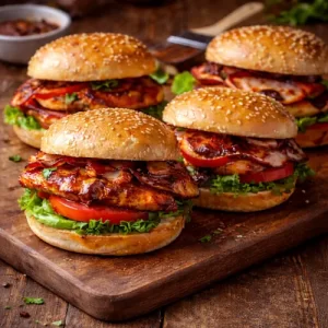 barbecued chicken burgers with lettuce tomato and sauce in burger buns on a rustic wooden table