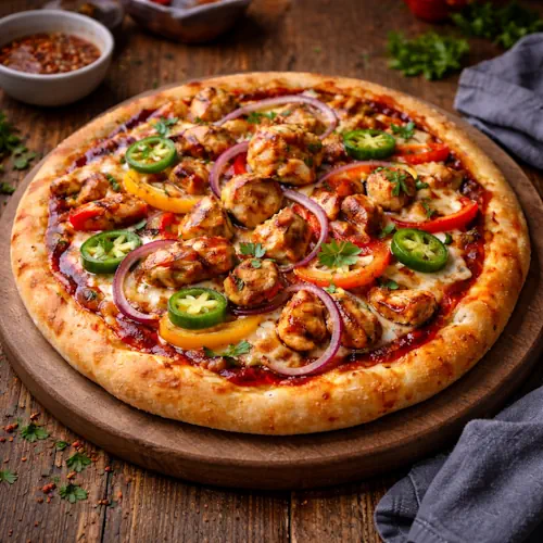 barbecued chicken pizza topped with melted cheese, tomato slices and barbecue chicken on a rustic wooden table