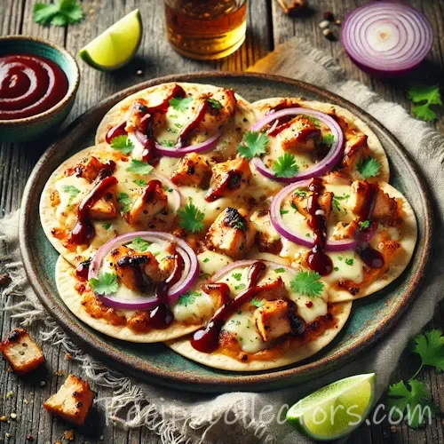 Barbecued chicken tortilla pizzas on a rustic wooden table