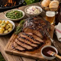 barbecued chuck roast served on a rustic wooden table with sliced beef and rich barbecue glaze