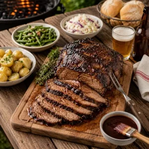 barbecued chuck roast served on a rustic wooden table with sliced beef and rich barbecue glaze