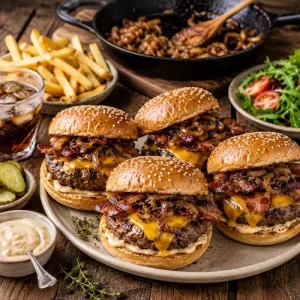 ultimate cheeseburgers served on a rustic wooden table with melted cheddar and crispy bacon