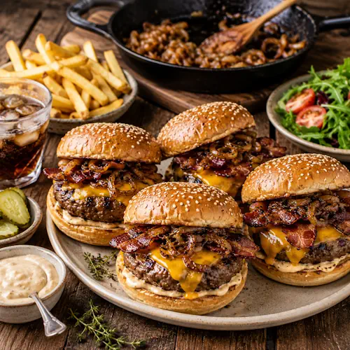 ultimate cheeseburgers served on a rustic wooden table with melted cheddar and crispy bacon