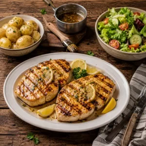 barbecued halibut steaks served on a rustic wooden table with grilled lemon and fresh herbs