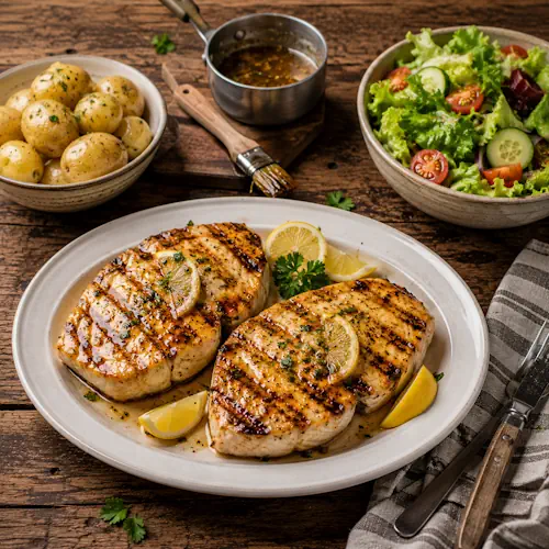 barbecued halibut steaks served on a rustic wooden table with grilled lemon and fresh herbs