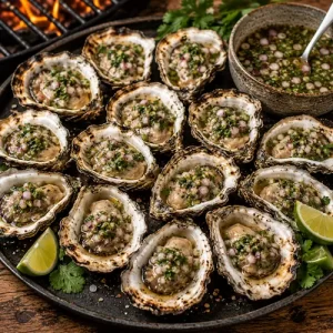 Barbecued Oysters Served With Hogwash op rustieke houten tafel
