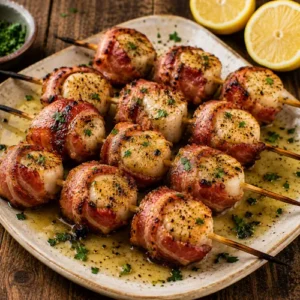 bacon wrapped scallops served on a rustic wooden table with lemon butter and crispy bacon