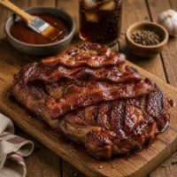 BBQ ribeye steak grilled with bacon on a rustic barbecue setup