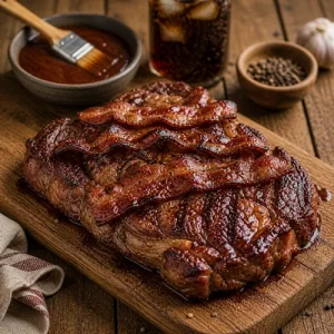 BBQ ribeye steak grilled with bacon on a rustic barbecue setup
