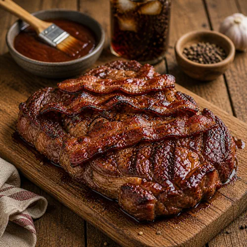 BBQ ribeye steak grilled with bacon on a rustic barbecue setup