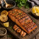 soy brown sugar salmon grilled on a rustic barbecue setup
