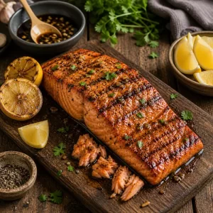 soy brown sugar salmon grilled on a rustic barbecue setup