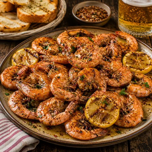 barbecued shrimp served on a rustic wooden table with buttery sauce and fresh herbs
