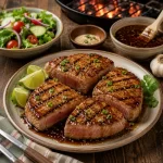 teriyaki tuna steaks served on a rustic wooden table with grilled tuna and fresh salad