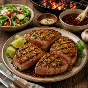 teriyaki tuna steaks served on a rustic wooden table with grilled tuna and fresh salad
