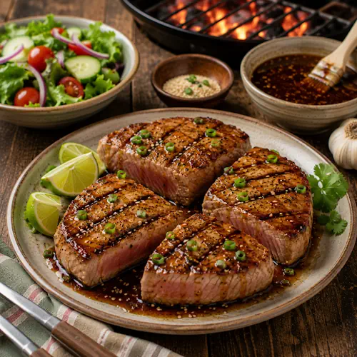 teriyaki tuna steaks served on a rustic wooden table with grilled tuna and fresh salad
