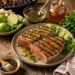 barbecued tuna served on a rustic wooden table with honey glaze and fresh lime wedges