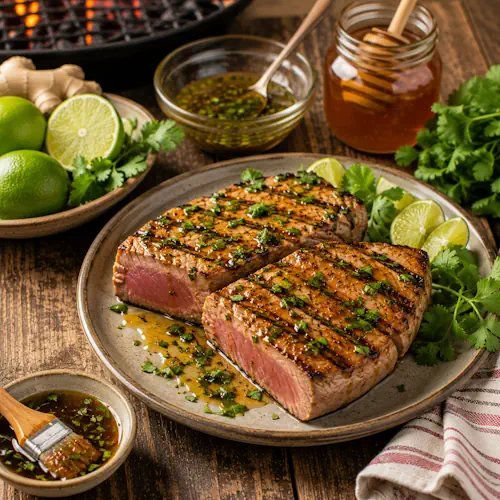 barbecued tuna served on a rustic wooden table with honey glaze and fresh lime wedges