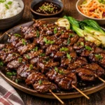 hoisin beef skewers served on a rustic wooden table with sesame seeds and grilled beef