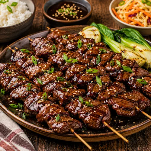 hoisin beef skewers served on a rustic wooden table with sesame seeds and grilled beef