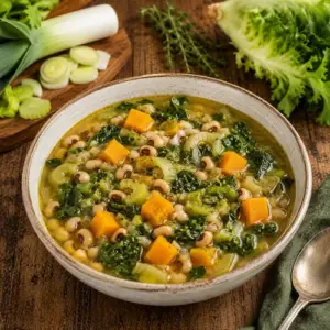 Black-Eyed Pea Escarole Soup with butternut squash, escarole, and herbs served in a rustic bowl.