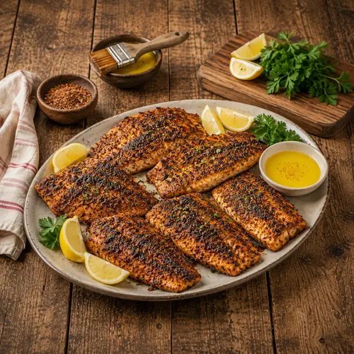 blackened fish served on a rustic wooden table with Cajun grilled fish and melted butter