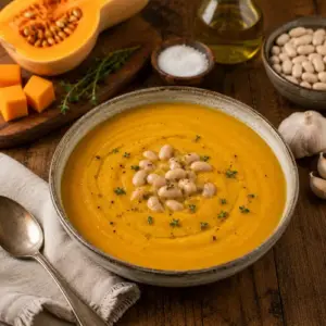 Butternut Squash White Bean Soup with cannellini beans, butternut squash, and warming spices served in a rustic bowl.