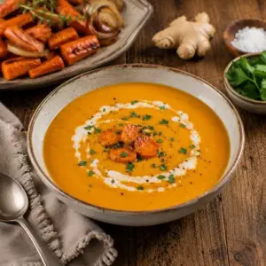 Caramelized Carrot Ginger Soup made with roasted carrots, fresh ginger, and onion served in a rustic bowl.