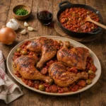 Catalan chicken quarters served on a rustic wooden table with grilled chicken and chorizo tomato sauce