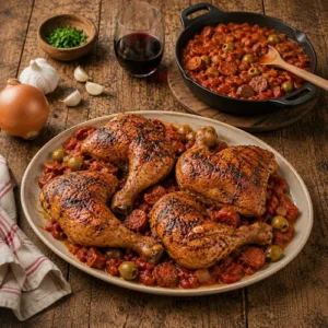 Catalan chicken quarters served on a rustic wooden table with grilled chicken and chorizo tomato sauce