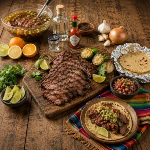 citrus carne asada served on a rustic wooden table with grilled flank steak tacos and citrus marinade