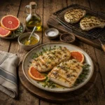 marinated halibut steak served on a rustic wooden table with citrus grilled halibut and fresh marjoram