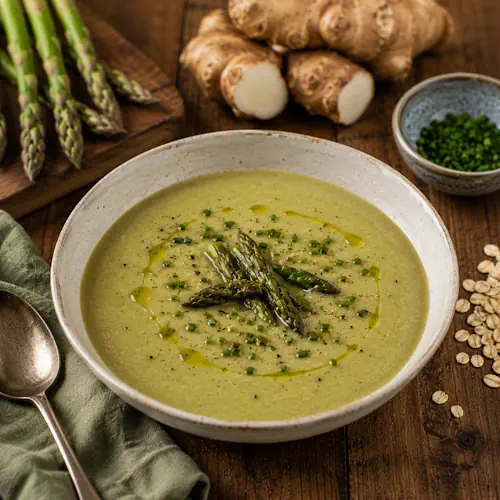 Creamy Asparagus Soup made with fresh asparagus, sunchokes, and mushroom broth in a rustic bowl.