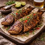 Jerk BBQ Red Snapper on rustic wooden table